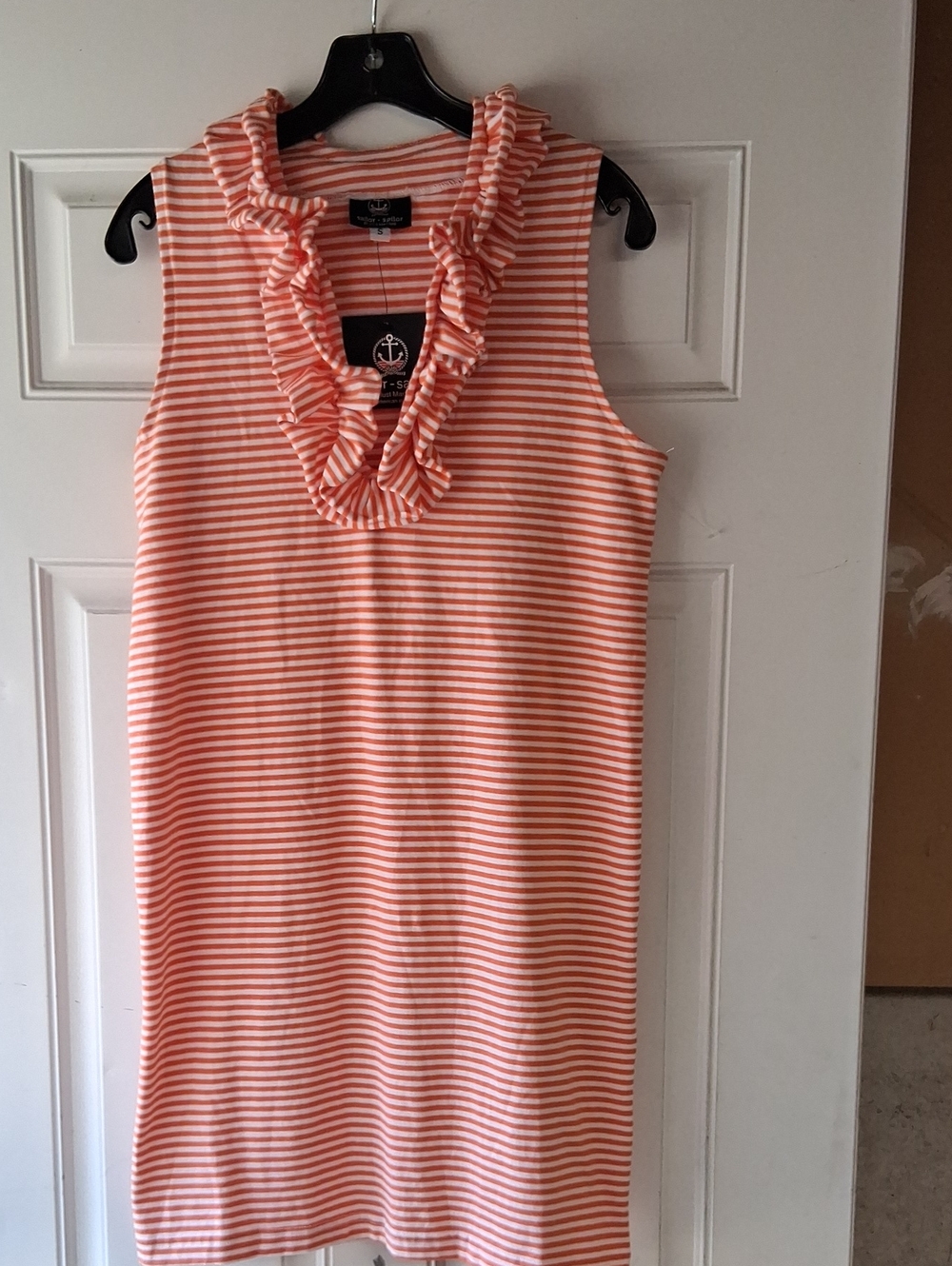 Nautica Ruffle V-Neck Sleeveless Stripe Dress in Orange and White
